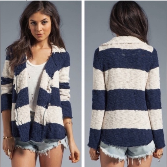 FREE PEOPLE Coat of Arms Jacket Cardigan Sweater Nautical Navy Ivory Coatigan - Picture 13 of 13